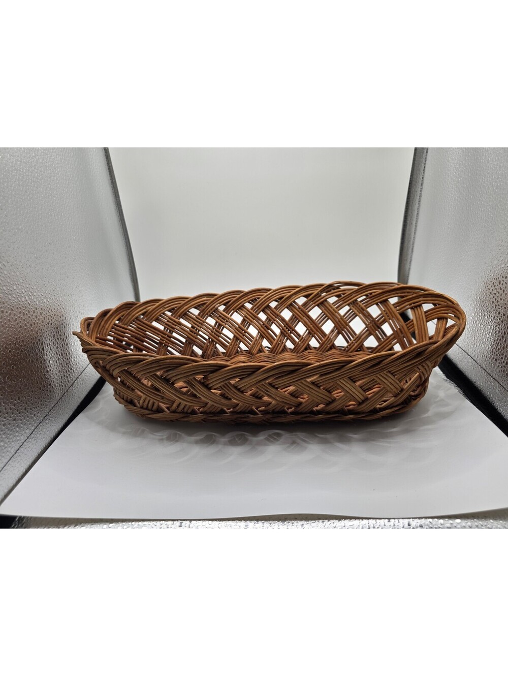 Vintage Oval Wicker Bread Basket Brown Handwoven Farmhouse Cottage Decor 15"